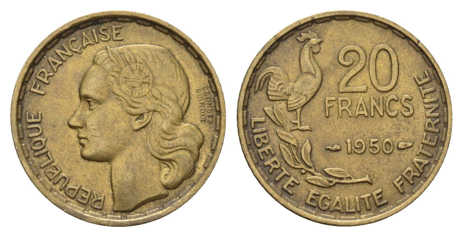 Франция 20 франков 1950 KM 916.1, Le Franc 401.2 алюминиевая бронза 4118-637