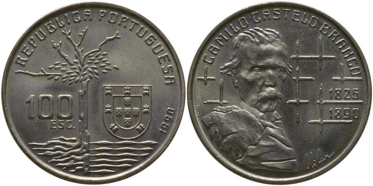 Португалия 100 эскудо 1990 100 лет со дня смерти Камилу Каштелу Бранку KM 656 медно-никель  UNC   4583-115