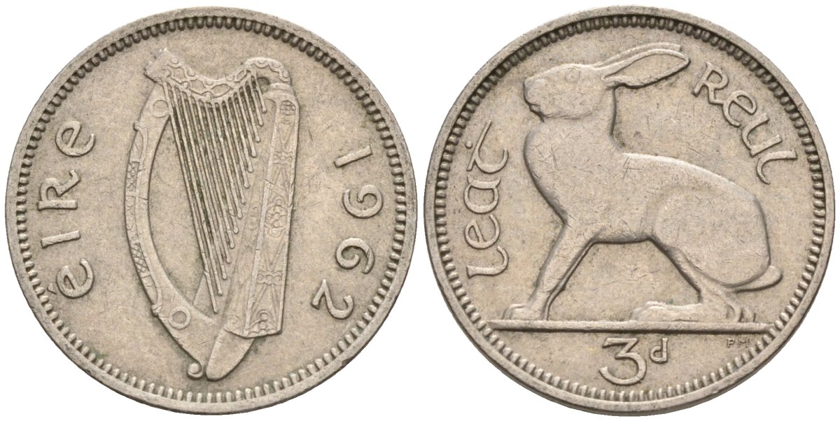 Ирландия 3 пенса 1962 заяц KM 12a медно-никель 4596-1067