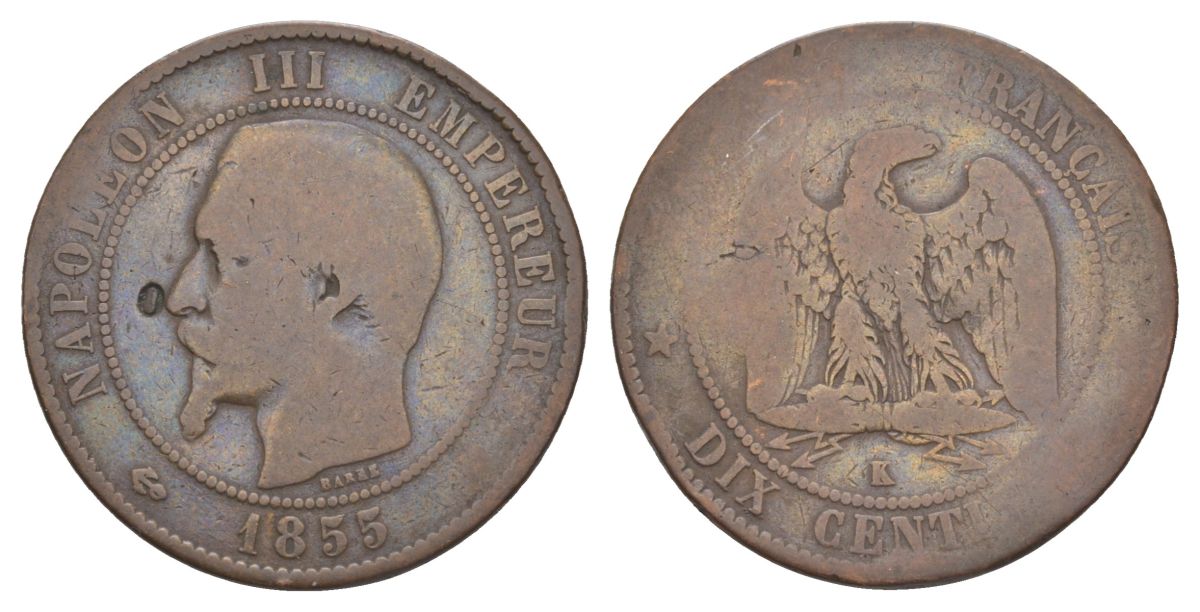 Франция 10 сантимов 1855 K, Наполеон III (1852-1870) KM 771.5, Le Franc 133.26 бронза 109-712