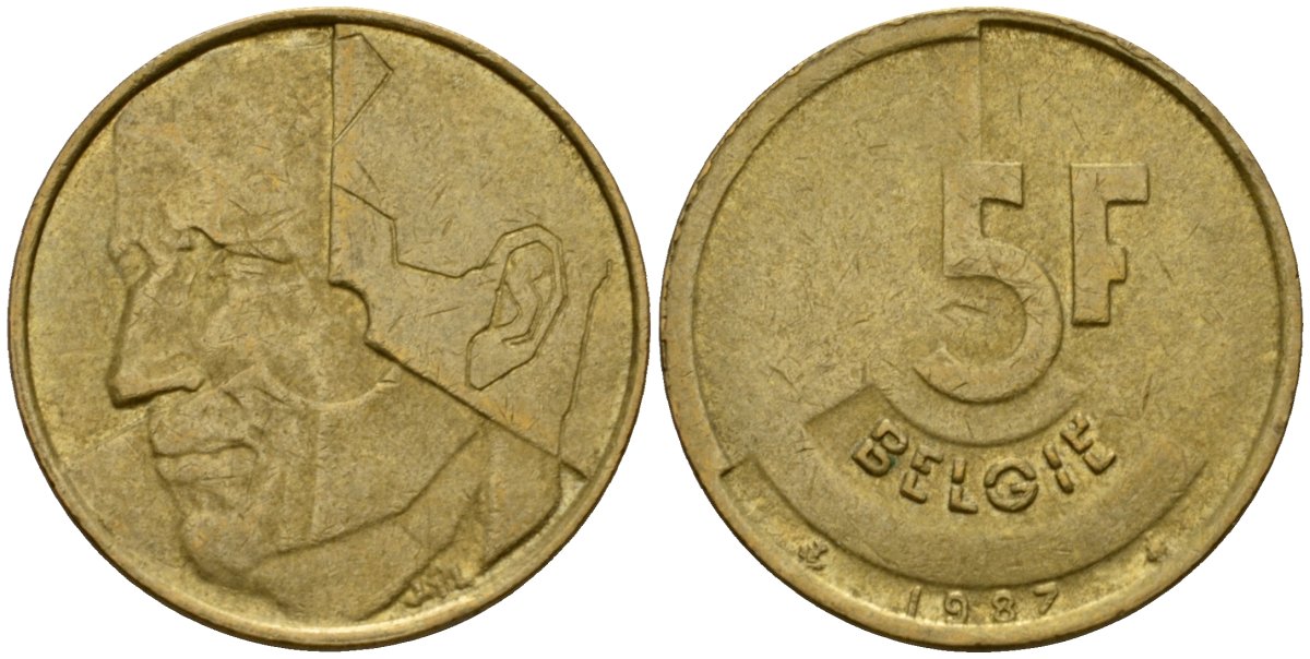 Бельгия 5 франков 1987 Belgie, Бодуэн I (1951-1993) KM 164 алюминиевая бронза 4601-312