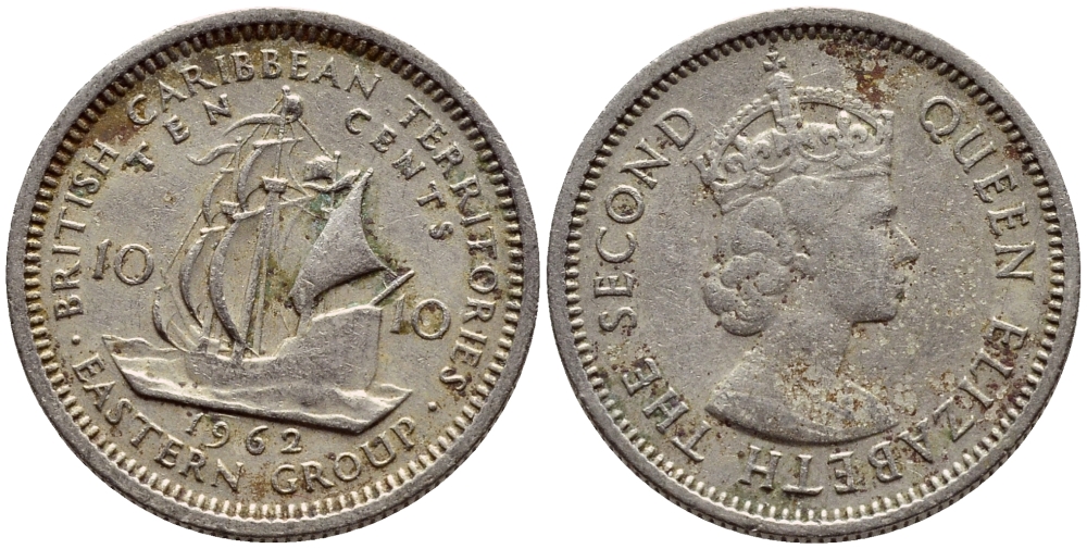Британские Восточно-Карибские территории 10 центов 1962 Елизавета II (1952-2022), парусник KM 5 медно-никель 4387-1011
