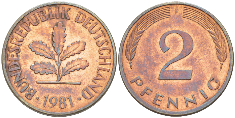 ФРГ 2 ПФЕННИГА 1981 F KM 106а, J. 381а сталь плакированная сталь плакированная медьюю 4181-841