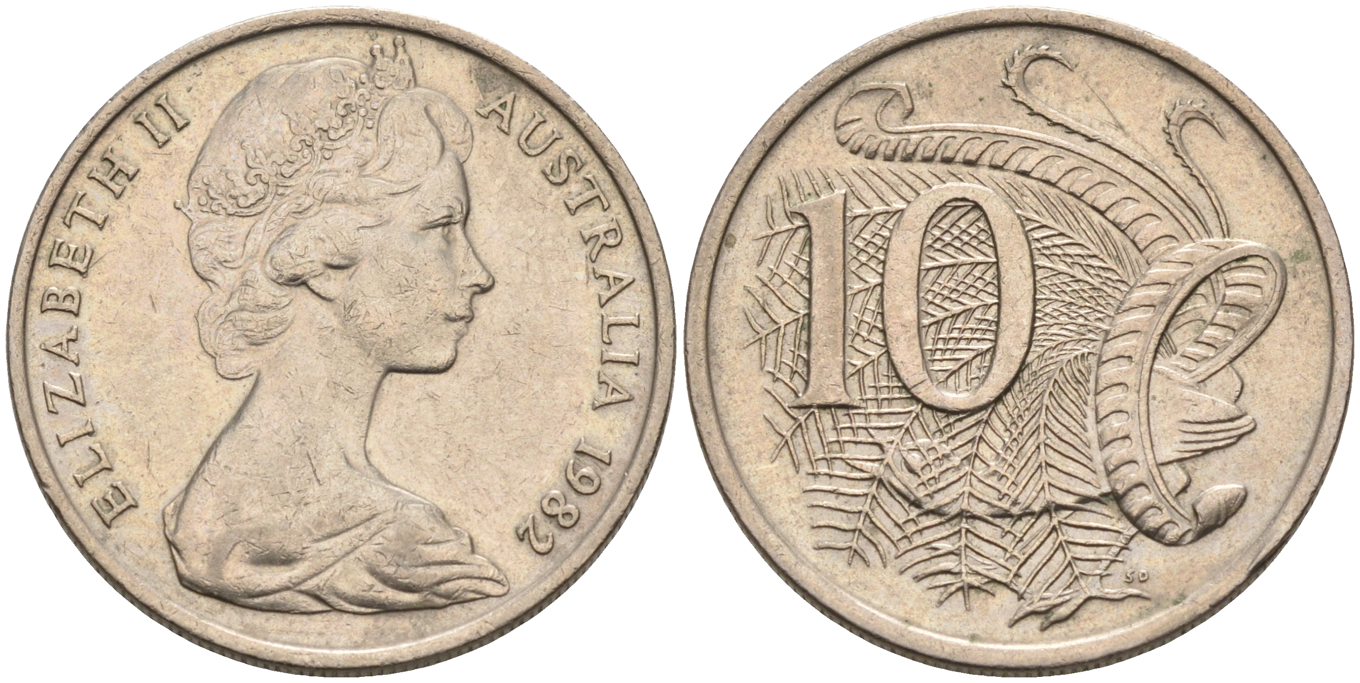 Австралия 10 центов 1982 Елизавета II (1952-), птица лирахвост KM 65 медно-никель 4566-531