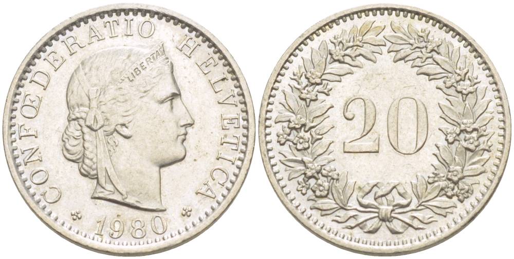 Швейцария 20 раппенов 1980 KM 29а медно-никель 4544-326