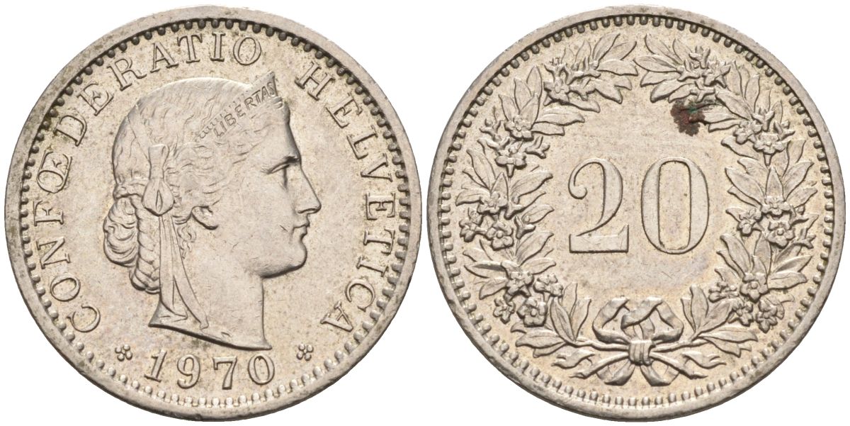 Швейцария 20 раппенов 1970 KM 29а медно-никель 4592-922