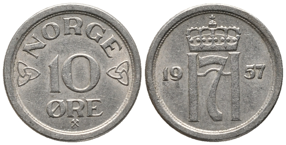 НОРВЕГИЯ 10 ЭРЕ 1957 ХОКОН VII (1905-1957) KM 396 медно-никель 66-147