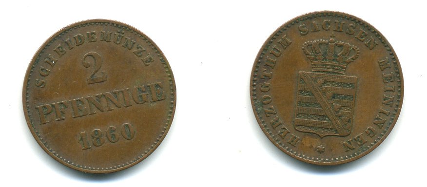 САКСЕН-МАЙНИНГЕН 2 ПФЕННИГА 1860 KM 171 медь 54-921