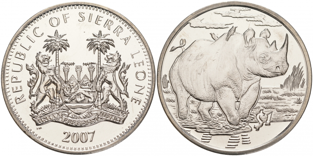 Сьерра-Леоне 1 доллар 2007 серия защита окружающей среды, носорог KM 328 медно-никель UNC 00-00