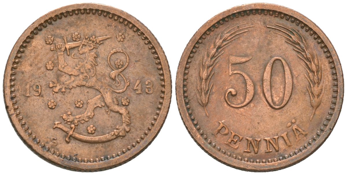 Финляндия 50 пенни 1943 S KM 26a медь 4174-1057