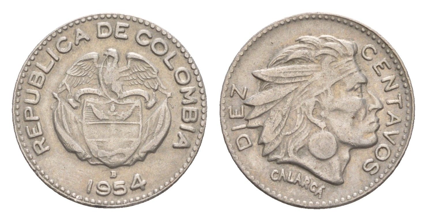 Колумбия 10 сентаво 1954 KM 212 медно-никель 4651-941