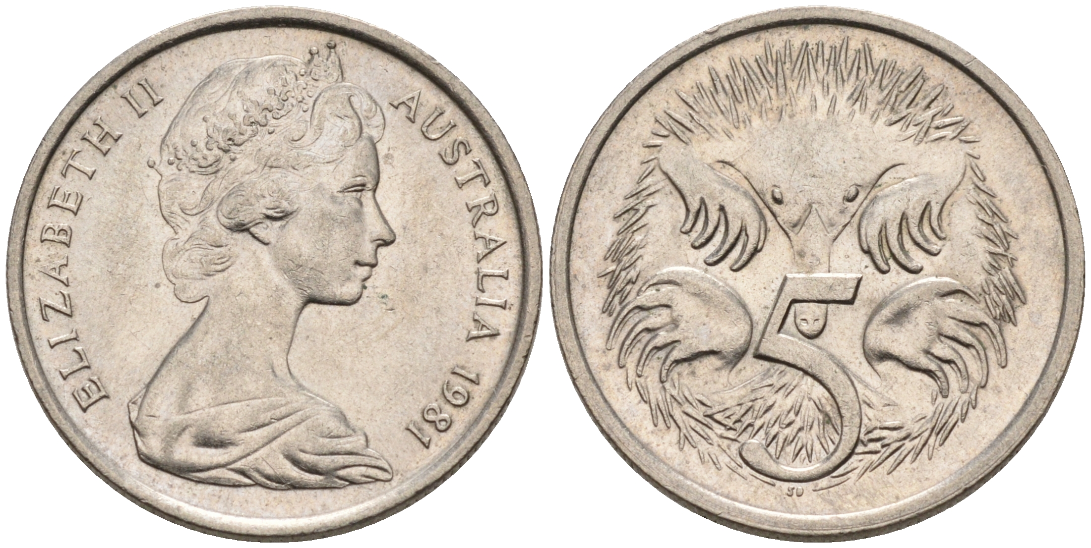 Австралия 5 центов 1981 Елизавета II (1952-2022), ехидна KM 64 медно-никель 4564-1229