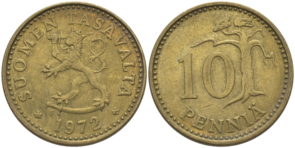 ФИНЛЯНДИЯ 10 ПЕННИ 1972 S KM 46 алюминиевая бронза 100-211
