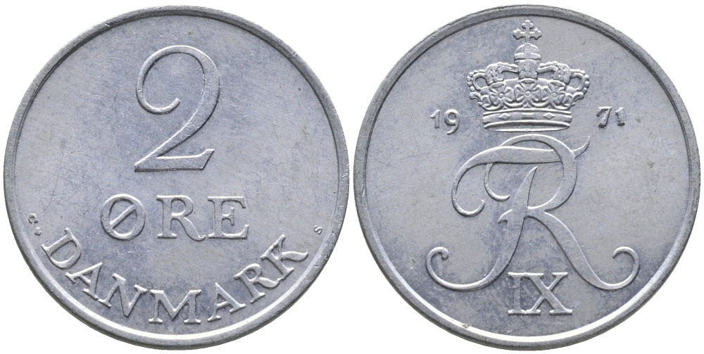 Дания 2 эре 1971 C; S, Фредерик IX (1947-1972) KM 840.2 цинк UNC 28-1047