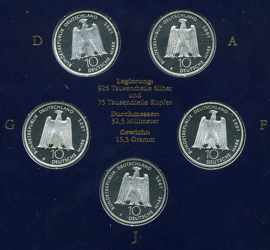 ФРГ набор из 5 штук по 10 марок 2001 A, D, F, G, J,  200 лет со дня рождения Альберта Лорцинга KM 205 серебро PROOF 6-5-2-13