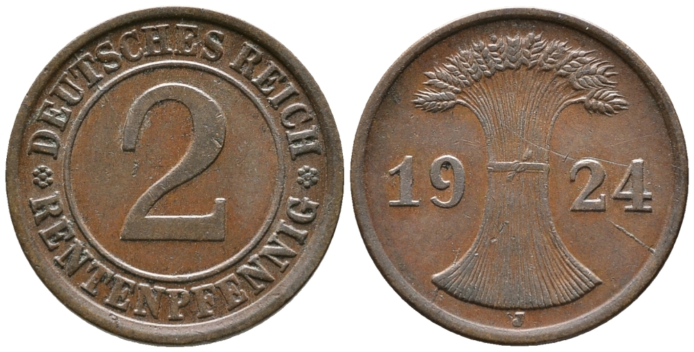 ГЕРМАНИЯ 2 РЕНТЕНПФЕННИГА 1924 J KM 31, J. 307 бронза 24-652