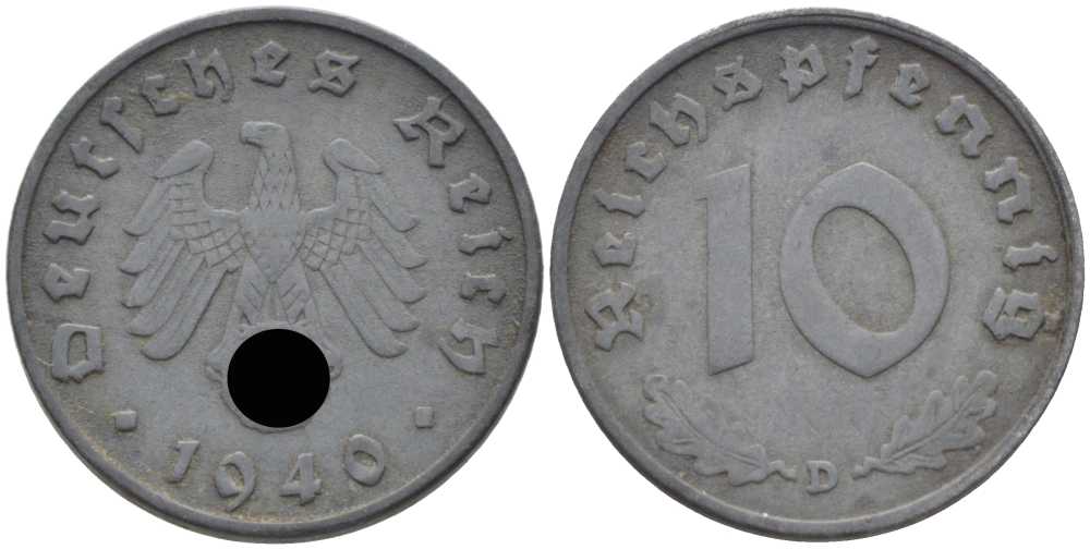 ГЕРМАНИЯ 10 РЕЙХСПФЕННИГОВ 1940 D KM 101, J. 371 цинк 4401-831