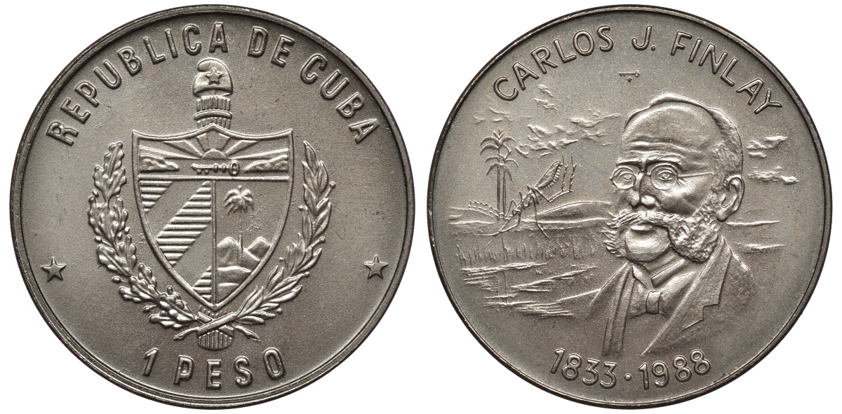 Куба 1 песо 1988 155 лет со дня рождения Карлоса Финлея KM 282 медно-никель UNC 4557-531