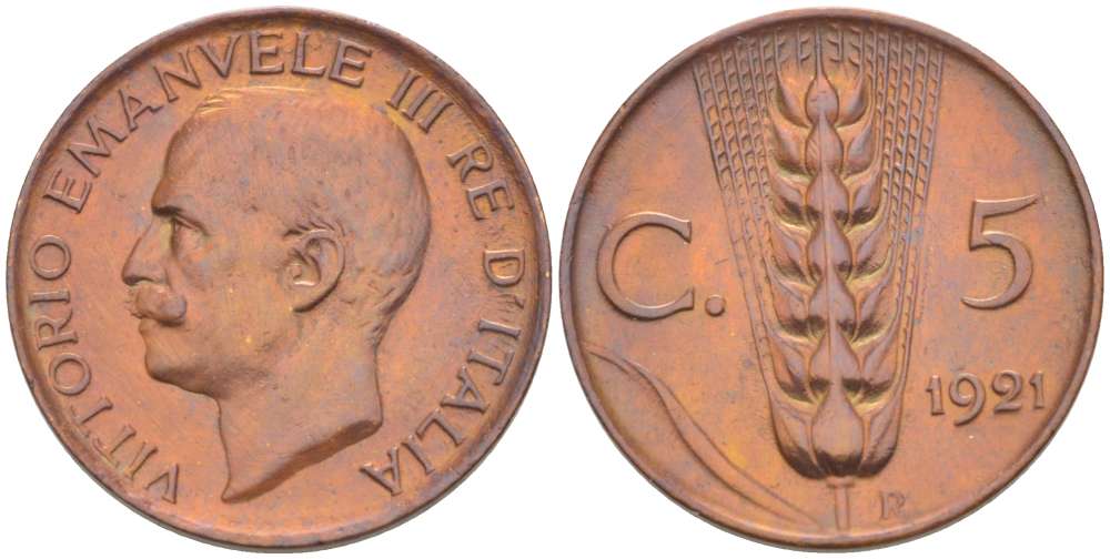 ИТАЛИЯ 5 ЧЕНТЕЗИМО 1921 R, ВИКТОР ИММАНУИЛ III (1900-1946) KM 59 бронза 4519-632