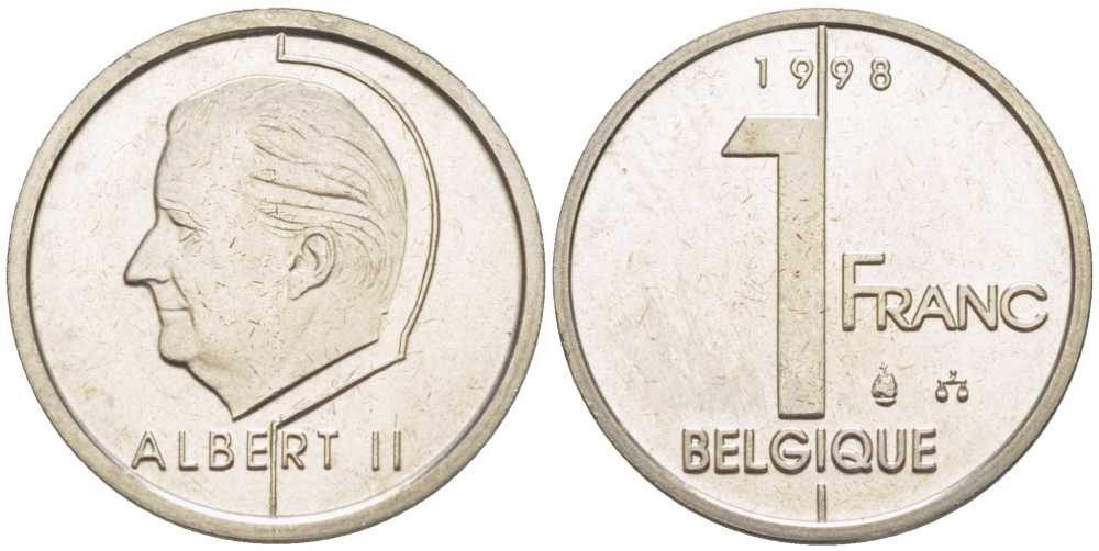 БЕЛЬГИЯ 1 ФРАНК 1998 BELGIQUE, АЛЬБЕРТ II (1993-) KM 187 железо плакированное никелем 3851-1158
