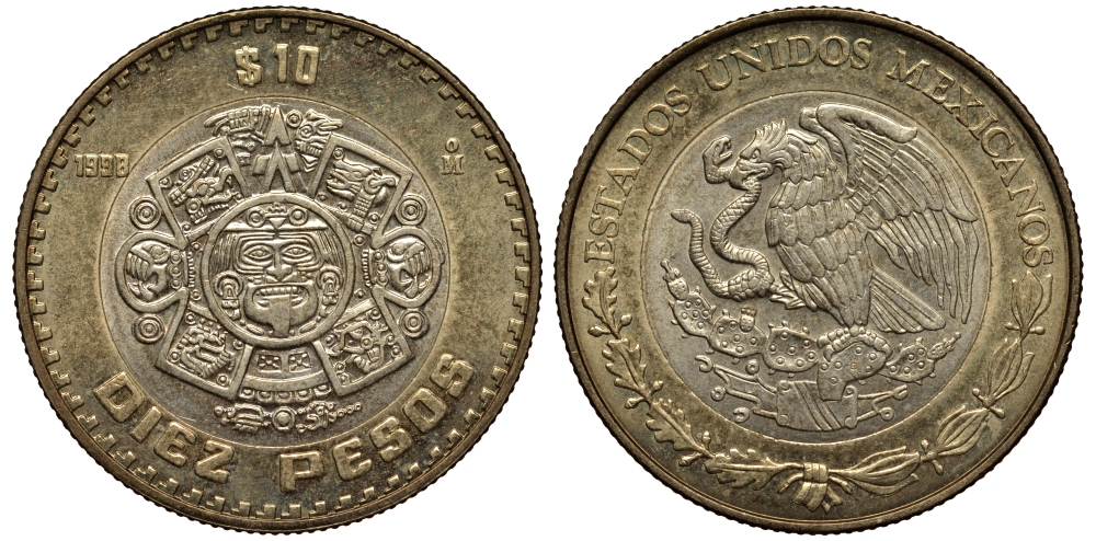 Мексика 10 песо 1998 Мо, бог Тонатиуха с огненной маской KM 616 биметалл XF 215-1024