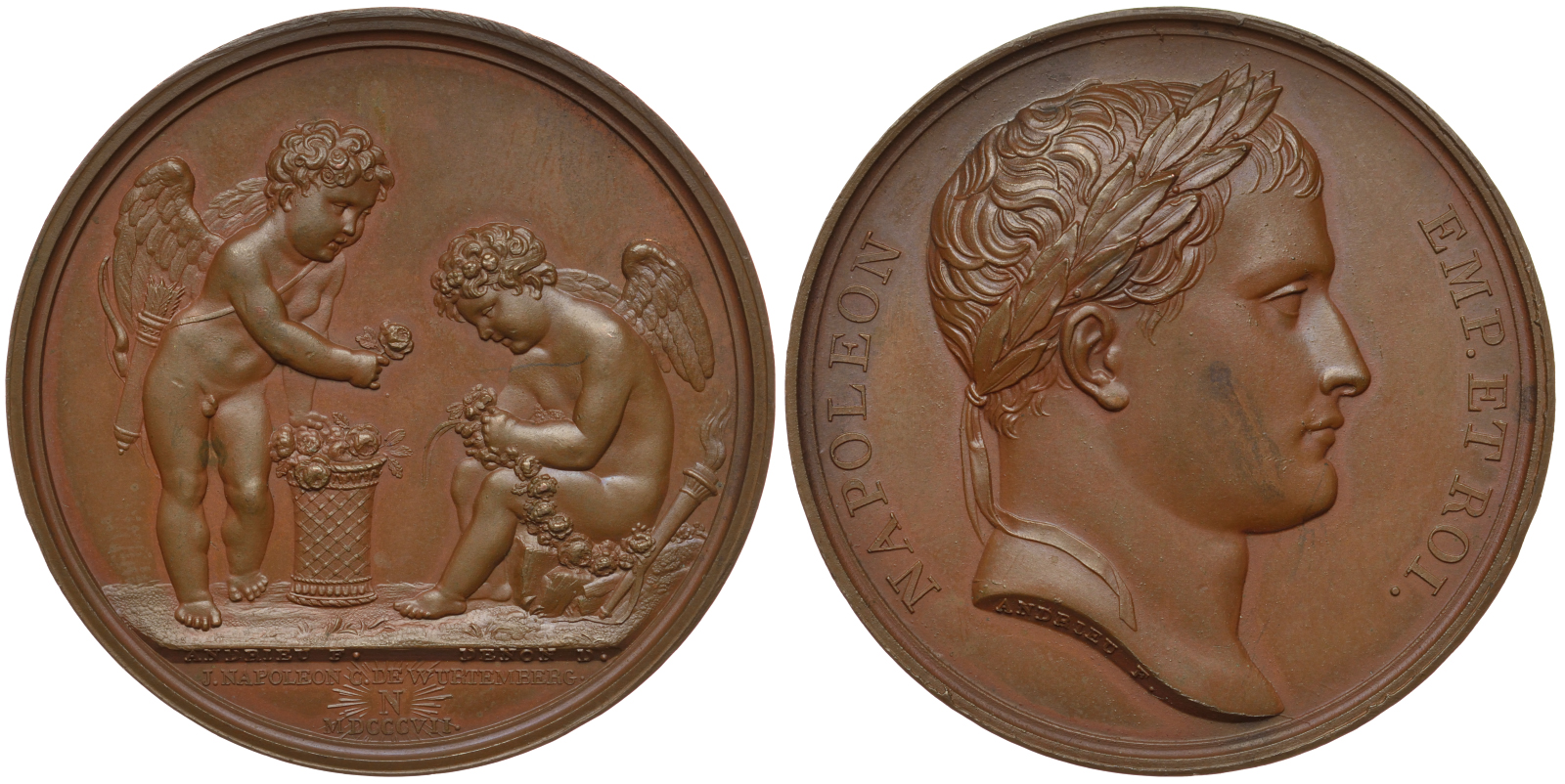 Франция медаль 1807 Наполеон I Бонапарт, на бракосочетание короля Вестфалии с Екатериной Вюртембергской, купидоны, 38,05 гр., диаметр 40,5 мм. Bramsen 662 бронза 00-00