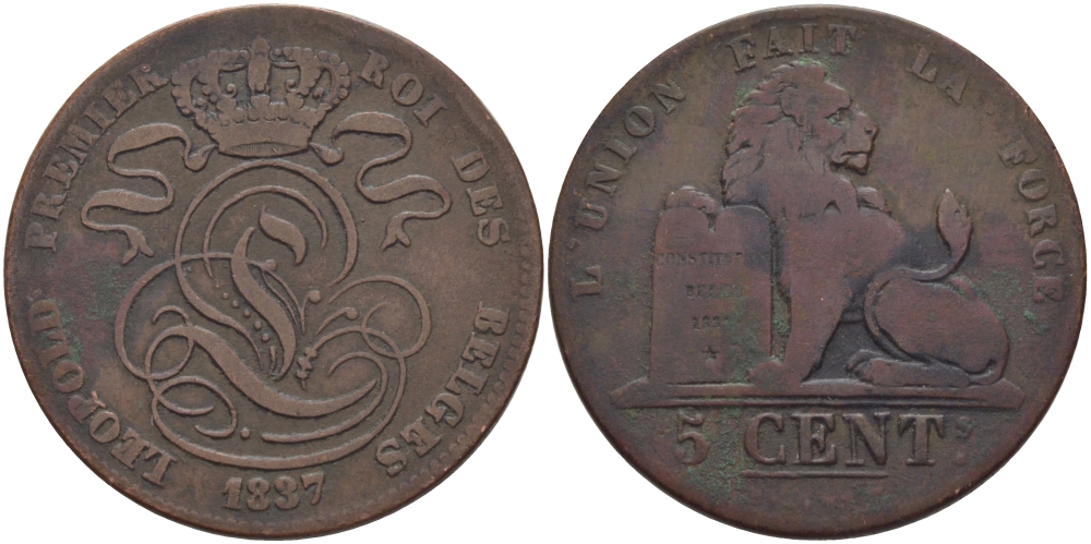 БЕЛЬГИЯ 5 САНТИМОВ 1837 BELGES KM 5.1 медь 28-256