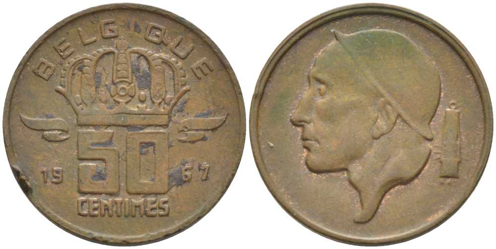 БЕЛЬГИЯ 50 САНТИМОВ 1967 BELGIQUE, БОДУЭН I (1951-1993) KM 148.1 бронза 116-1026