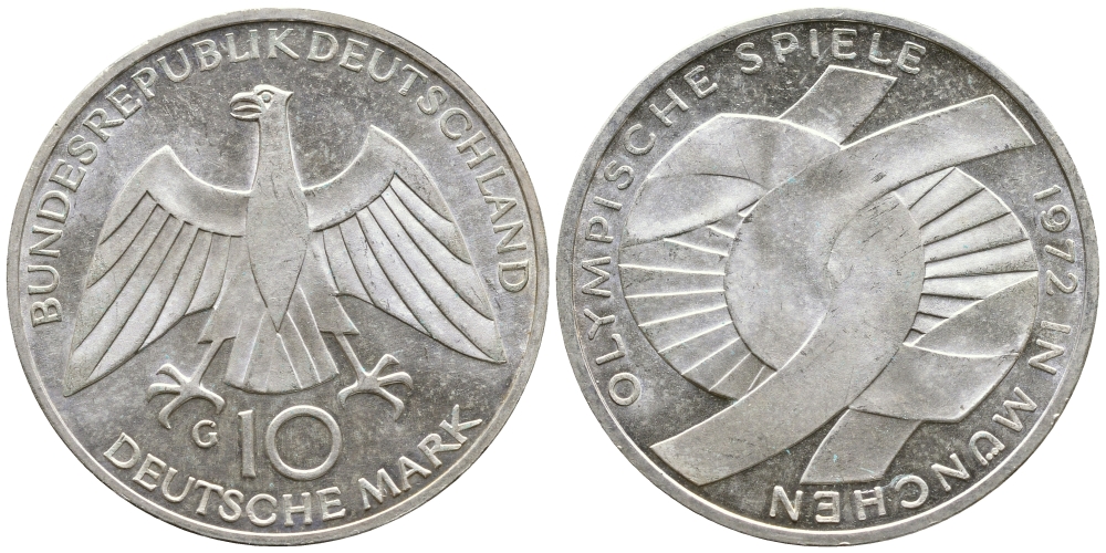 ФРГ 10 марок 1972 G, XX летние Олимпийские игры 1972 года в Мюнхене, символика KM 131, J.402 серебро UNC 443-343
