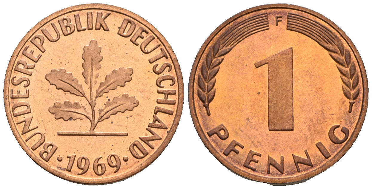 ФРГ 1 пфенниг 1969 F KM 105, J.380 сталь плакированная медью PROOF 1094-7-61