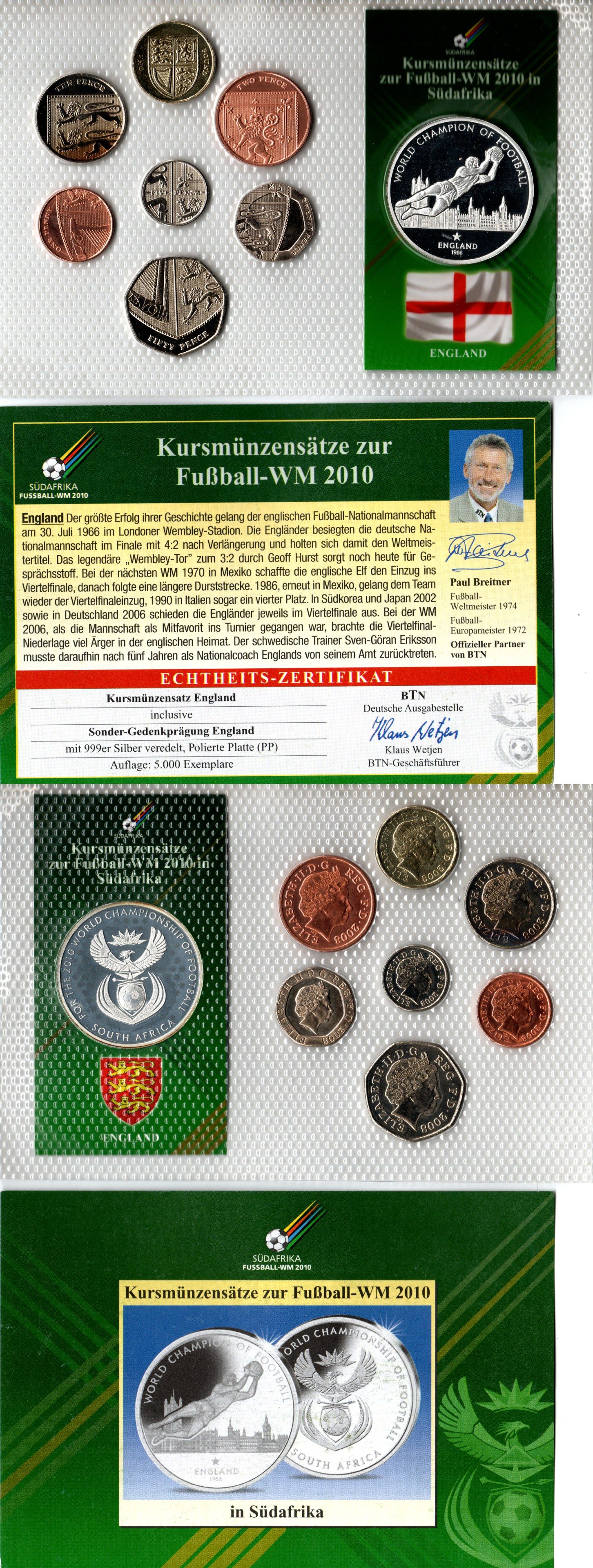 Великобритания годовой набор из 7 монет (1, 2, 5, 10, 20 и 50 пенсов; 1 фунт) и медали приуроченная к чемпионату мира 2010 в ЮАР и посвященная выступлению сборной Англии на чемпионатах мира 2008 Гордон Бэнкс, в красочной упаковке, с сертификатом подлиннос