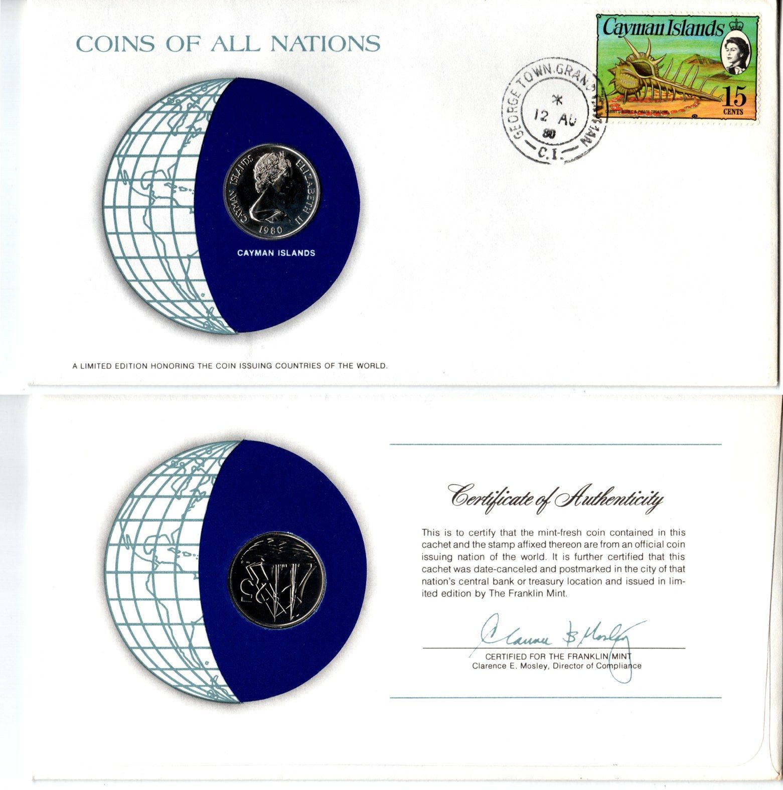 Каймановы острова 25 центов 1980 конверт с маркой первого дня гашения, Coins of Nations KM 4 медно никель PROOF 4294-71-2