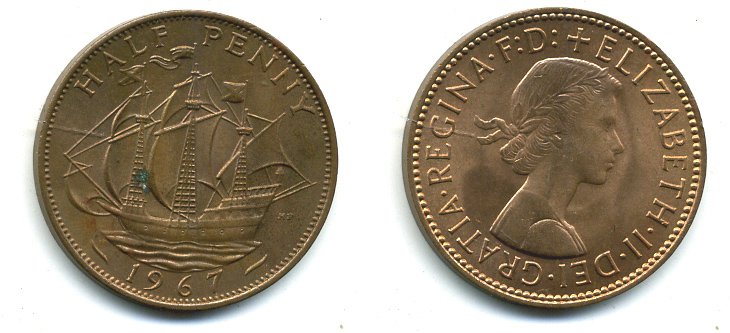 Великобритания 1/2 пенни 1967 Елизавета II (1952-2022) KM 896, Spink 4158 бронза 41-913