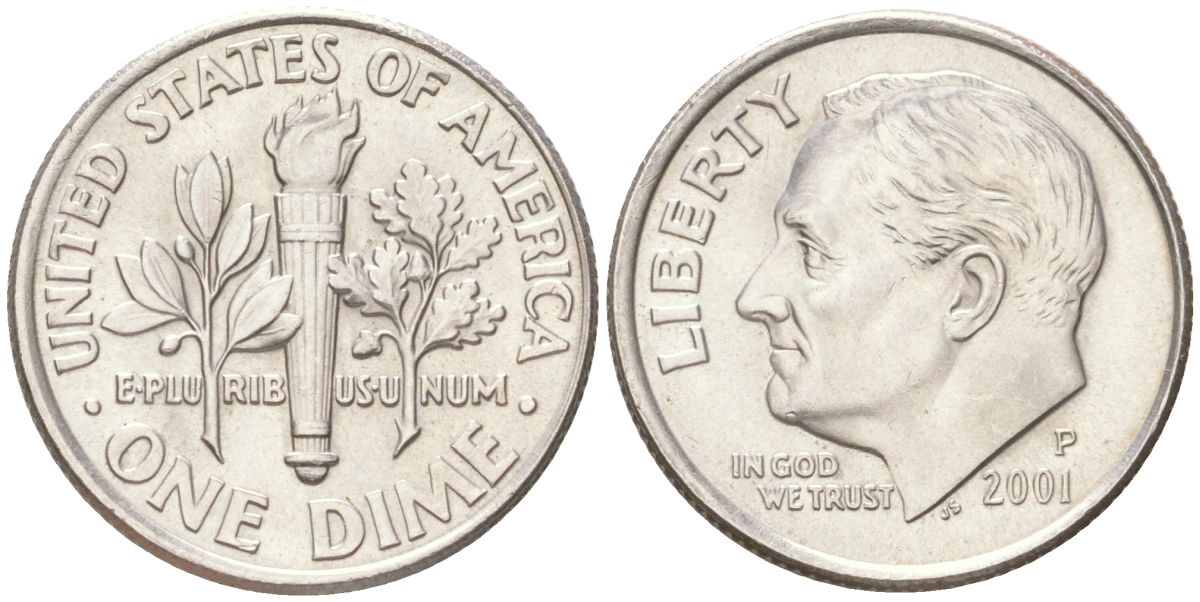 США 10 центов (дайм) 2001 P, Рузвельт KM 195a медь плакированная медно-никелем UNC 4613-826