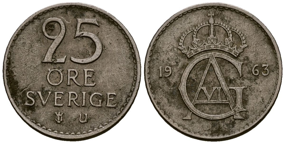 Швеция 25 эре 1963 Густав VI Адольф (1950-1973) KM 836 медно-никель 4173-743