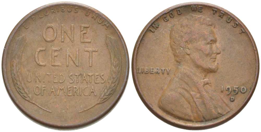 США 1 ЦЕНТ 1950 D, ЛИНКОЛЬН KM А132 медь цинк 218-955