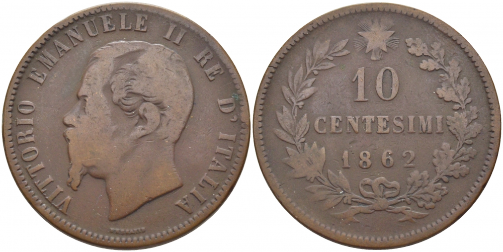 ИТАЛИЯ 10 ЧЕНТЕЗИМО 1862 KM 11.2 медь 114-634