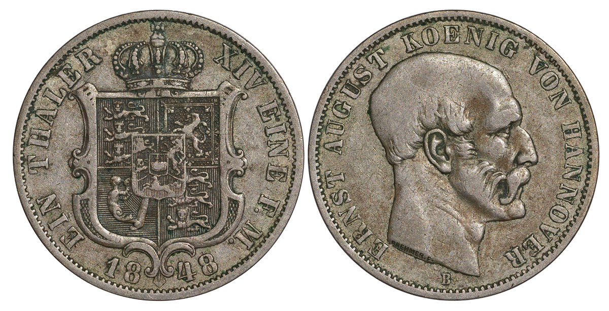 Брауншвейг-Каленберг-Ганновер 1 талер 1848 B, Эрнст Август (1837-1851) KM 208, AKS 107, Dav. 675, Kahnt 234, Thun 167 серебро 00-822-54