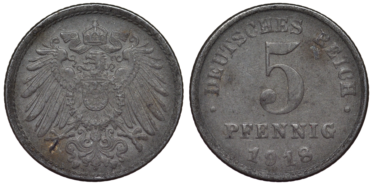 Германия 5 пфеннигов 1918 F KM 19, J. 297, Weege 5 железо 4118-1135