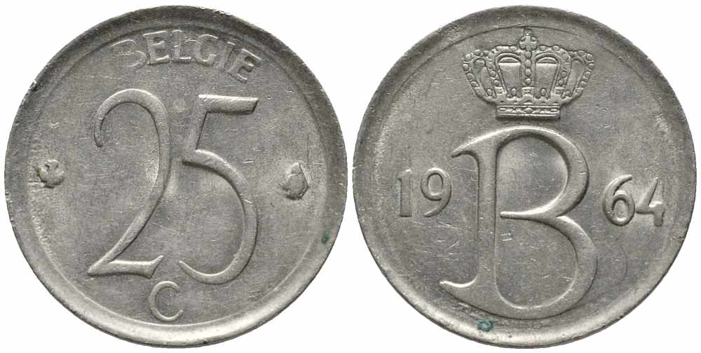 Бельгия 25 сантимов 1964 Belgie, Бодуэн I (1951-1993) KM 154.1 медно-никель 112-441