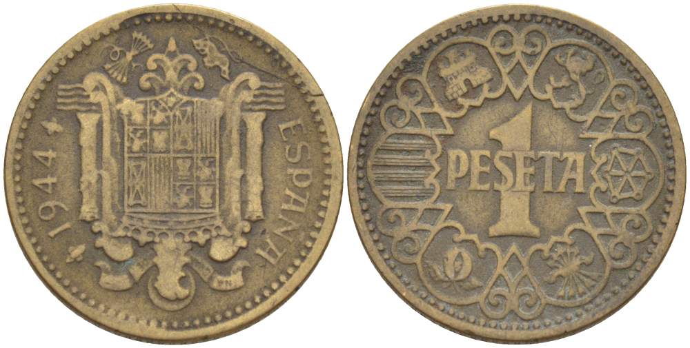 ИСПАНИЯ 1 ПЕСЕТА 1944 НАЦИОНАЛЬНОЕ ПРАВИТЕЛЬСТВО (1939-1947) KM 767 алюминиевая бронза 4523-851