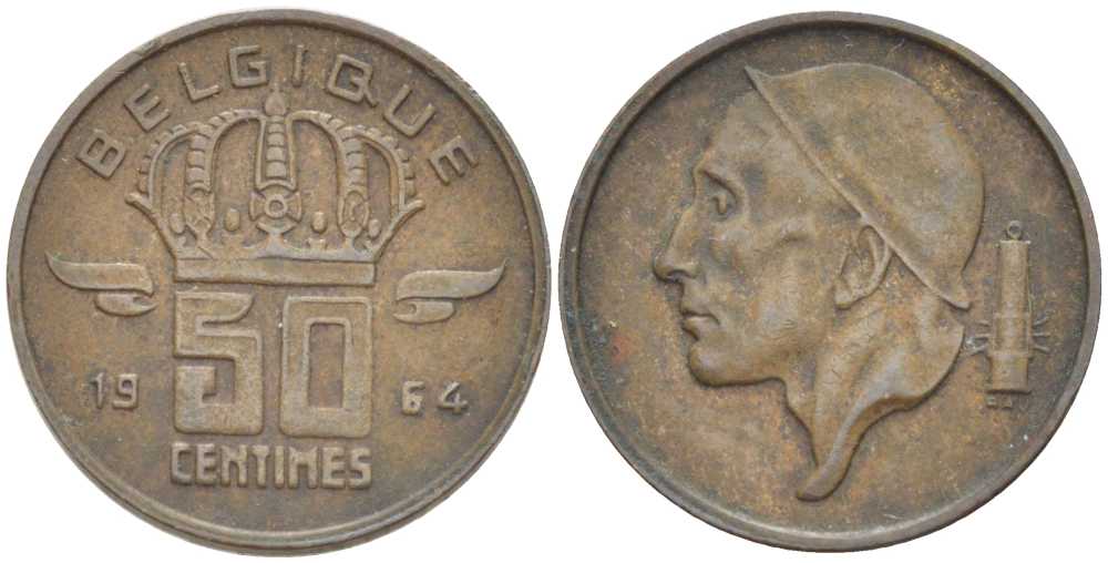 БЕЛЬГИЯ 50 САНТИМОВ 1964 BELGIQUE, БОДУЭН I (1951-1993) KM 148.1 бронза 214-452