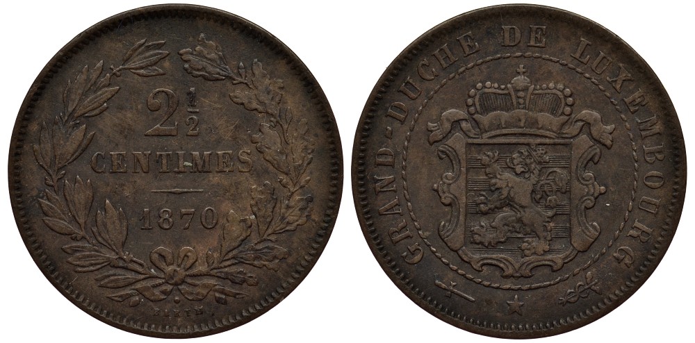 ЛЮКСЕМБУРГ 2 1/2 САНТИМА 1870 u, ГЕРЦОГ ВИЛЛЕМ III НИДЕРЛАНДСКИЙ (1849-1890), МОНДВОР УТРЕХТ, С ТОЧКОЙ НАД BARTH НА РЕВЕРСЕ КМ 21 бронза 4538-753