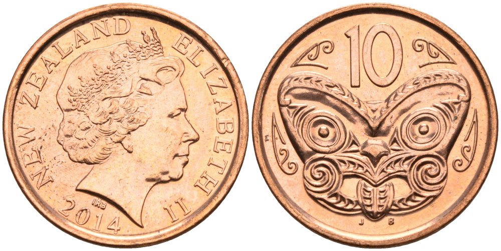 Новая Зеландия 10 центов 2014 маска Маори, Елизавета II (1952-) KM 117а сталь плакированная медью 68-1241