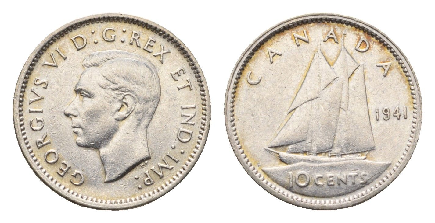 Канада 10 центов 1941 Георг VI (1936-1952), парусник KM 34 серебро 75-1652