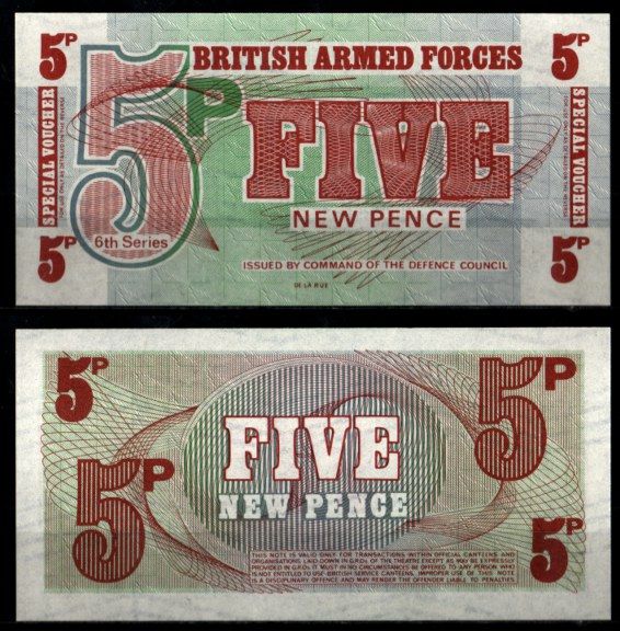 Великобритания, Британские вооружённые силы 5 пенсов ND (1972) 6-ая серия, De la Rue, для использования британскими войсками в Западном Берлине Pick M44 бумага UNC (пресс) 7201-38-1