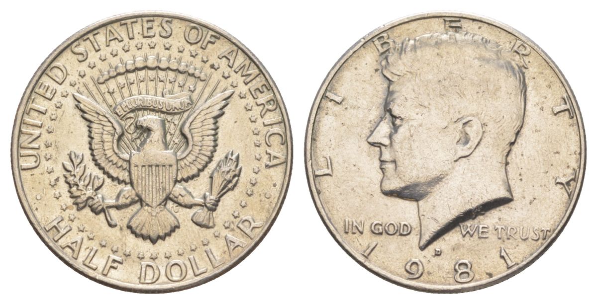 США 1/2 доллара (50 центов) 1981 D, Джон Кеннеди KM A202b медь плакированная медно-никелем aUNC 4367-132