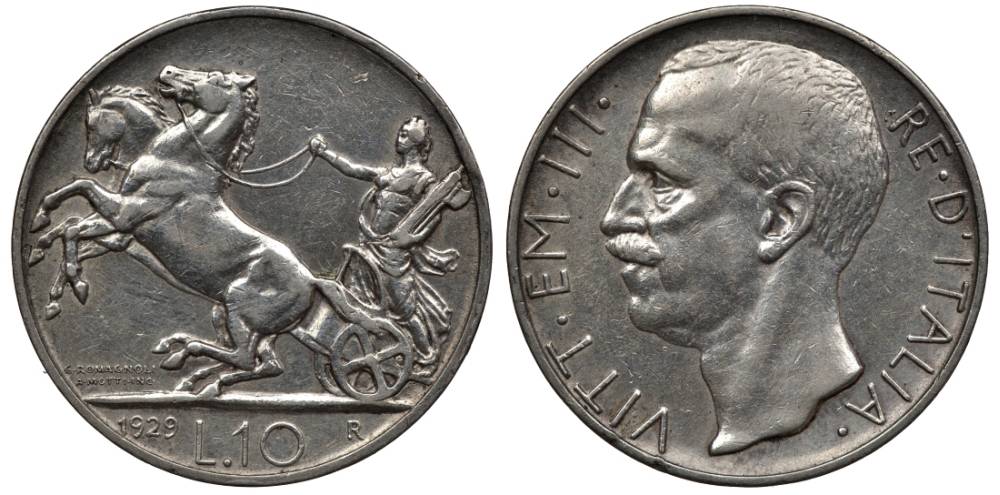 Италия 10 лир 1929 R, Виктор Эммануил III (1900-1948),  *FERT* KM 68.1 серебро 1520-413