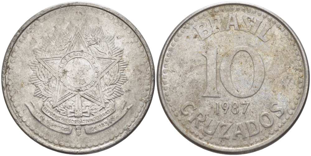 Бразилия 10 крузадо 1987 реформа 1986-1989 KM 607 нержавеющая сталь 177-247