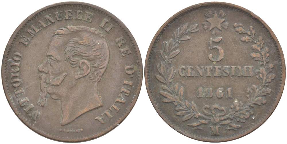 ИТАЛИЯ 5 ЧЕНТЕЗИМО 1861 М, МОНДВОР МИЛАН, ВИКТОР ЭММАНУИЛ II (1861-1878) KM 3.2 медь 4182-1251